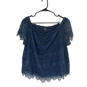 A.N.A Women’s Blue Lace Appliqué Blouse Flutter Sleeve Lined Top Size XL